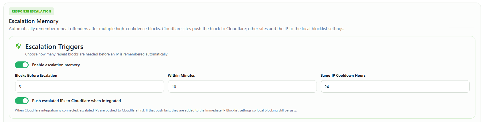 Escalation memory settings