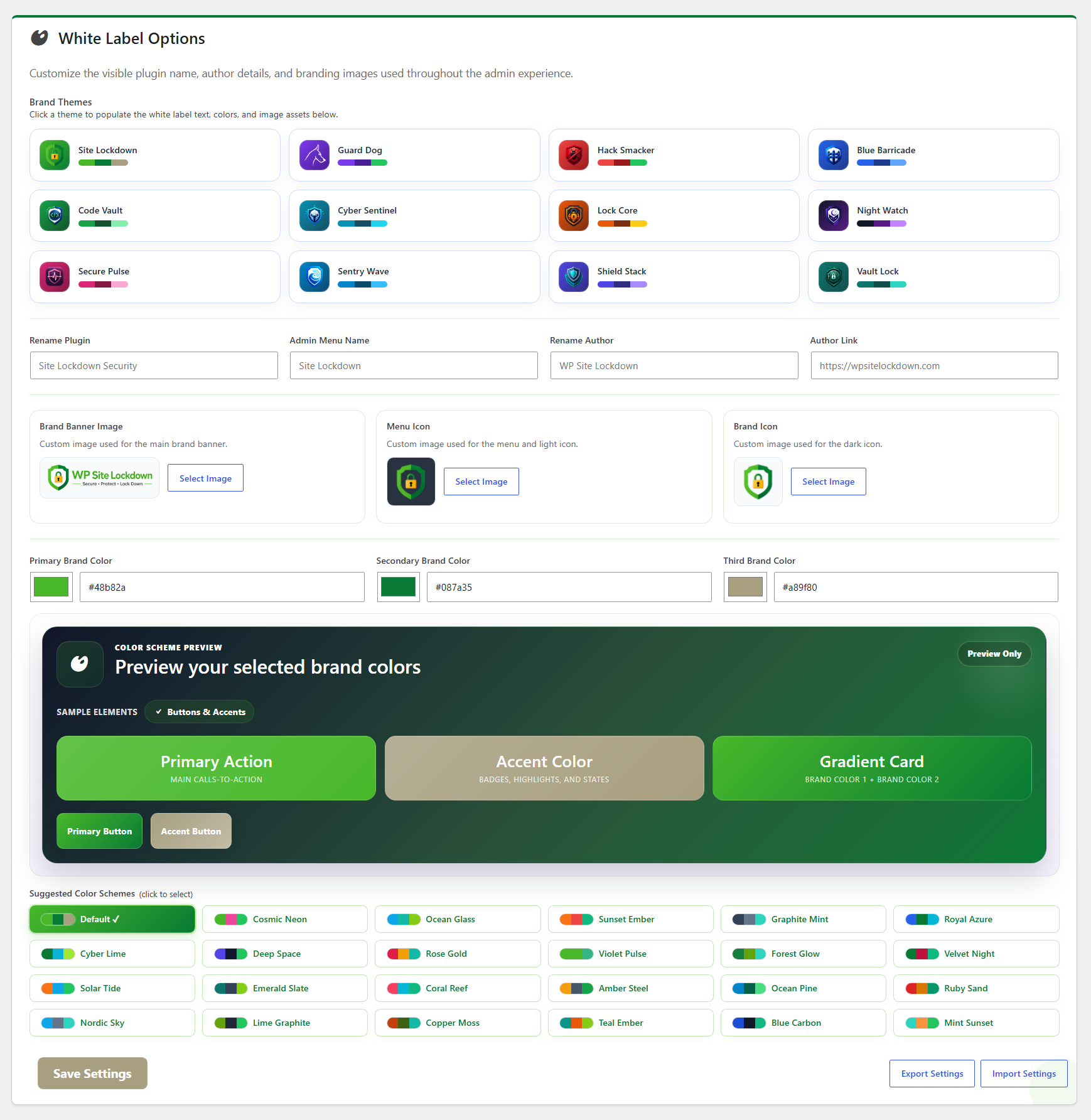 White Label Options branding screen